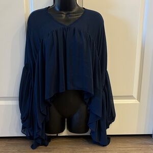 Elegant Navy Women's Chiffons Blouse with Draped Sleeves